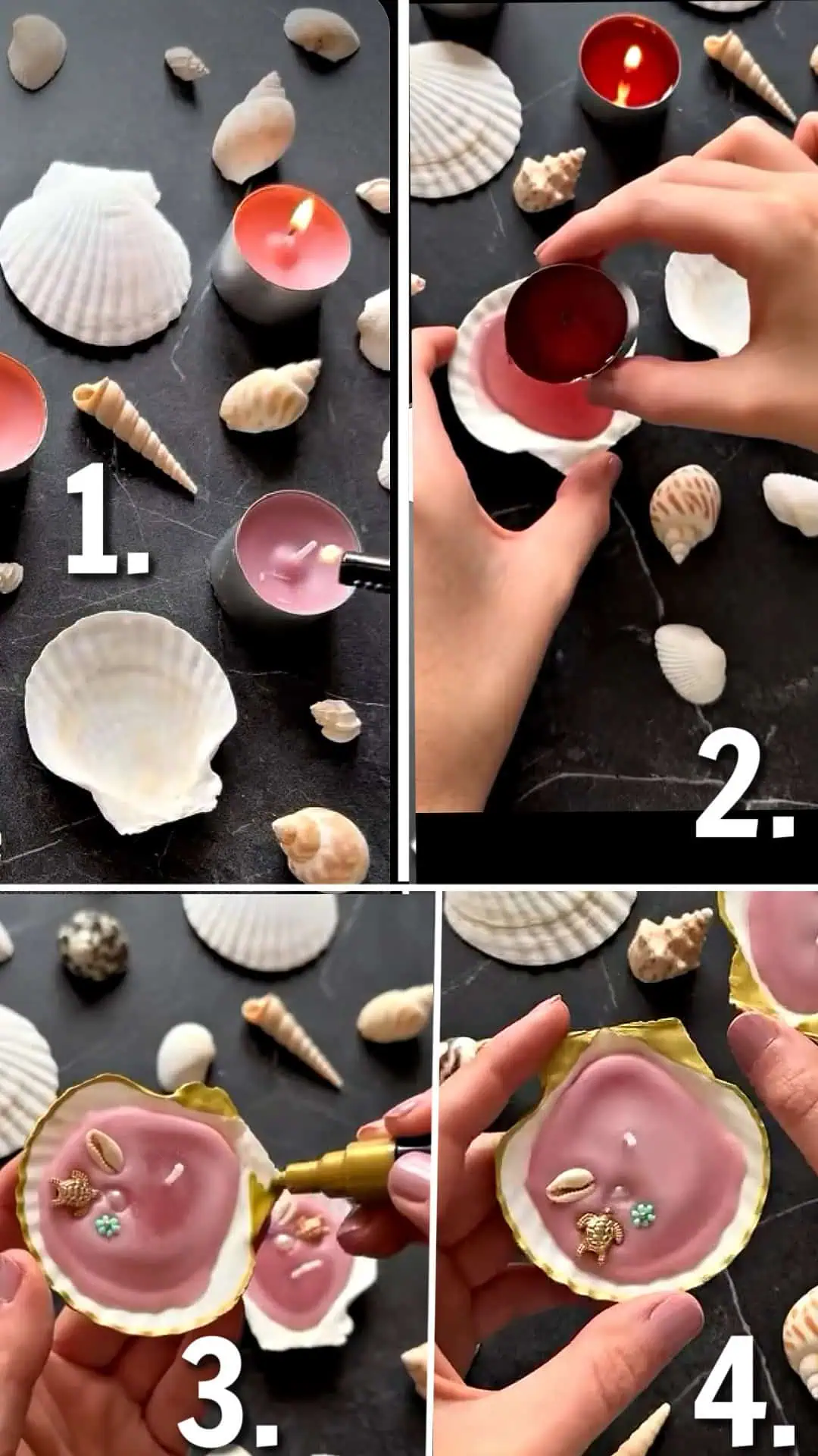 Step-by-step photo collage showing how to make DIY seashell candles using melted pink wax, shell molds, tiny charms, and gold edge detailing