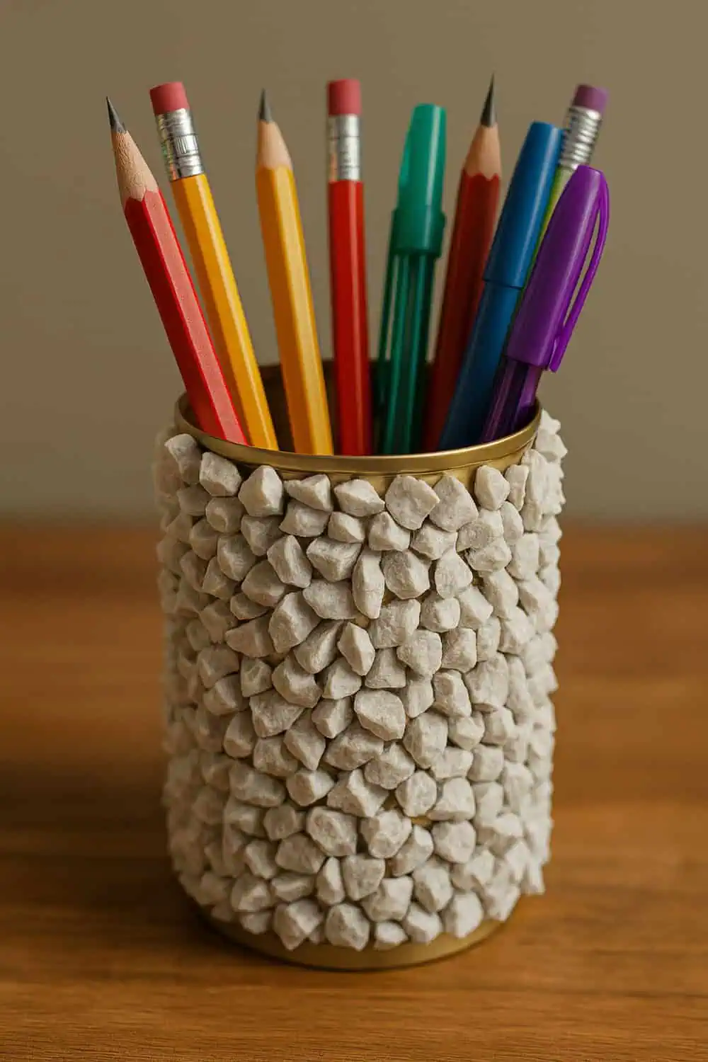 DIY pencil holder made from an upcycled tin can covered in small decorative stones, filled with colorful pencils and pens. A functional and aesthetic summer craft idea for desk or dorm room organization.