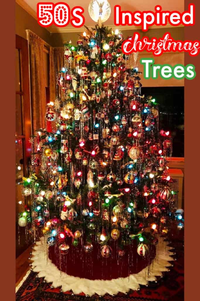 1950s inspired Christmas tree decorated with colorful C7 bulbs, shiny tinsel icicles, vintage Shiny Brite glass ornaments, and a glowing topper, creating a nostalgic midcentury holiday aesthetic.