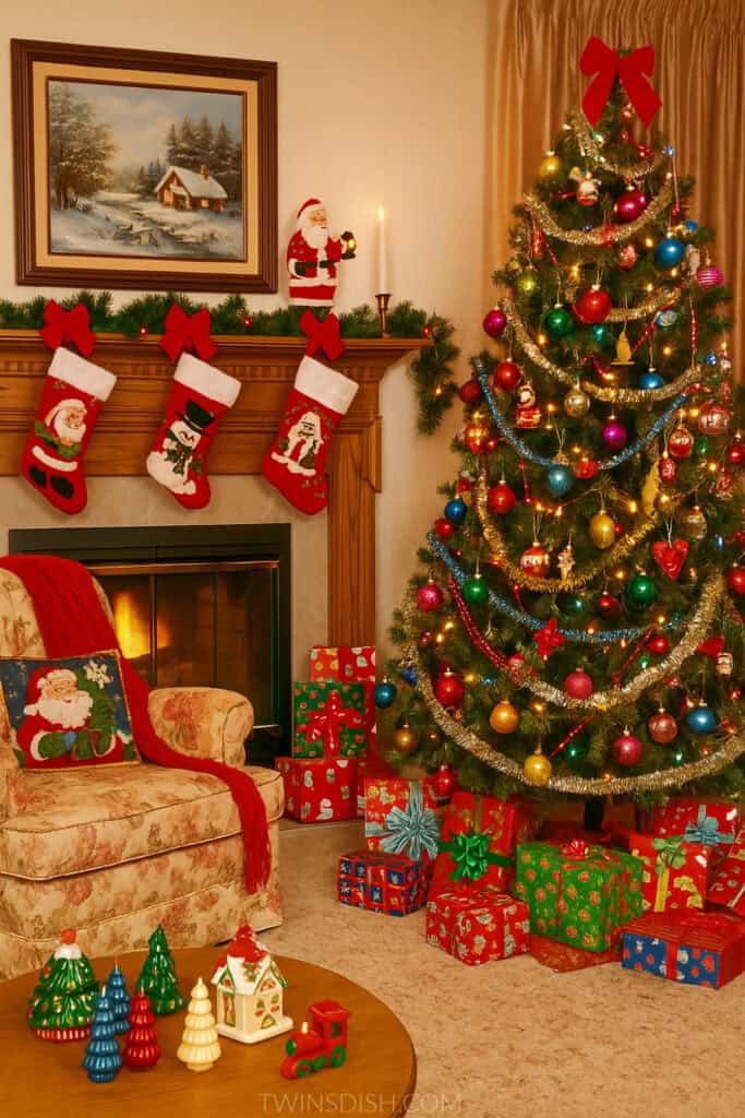 Cozy 1990s Christmas living room with a decorated tree, colorful ornaments, stockings over the fireplace, wrapped presents, and nostalgic holiday decor.