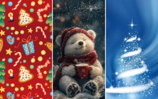 Christmas iPhone wallpapers featuring a festive red holiday pattern, a cute winter bear holding a mug in the snow, and a blue sparkling Christmas tree design.