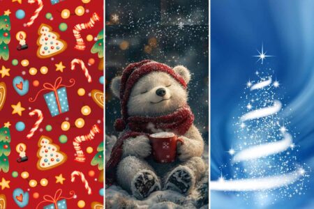 Christmas iPhone wallpapers featuring a festive red holiday pattern, a cute winter bear holding a mug in the snow, and a blue sparkling Christmas tree design.