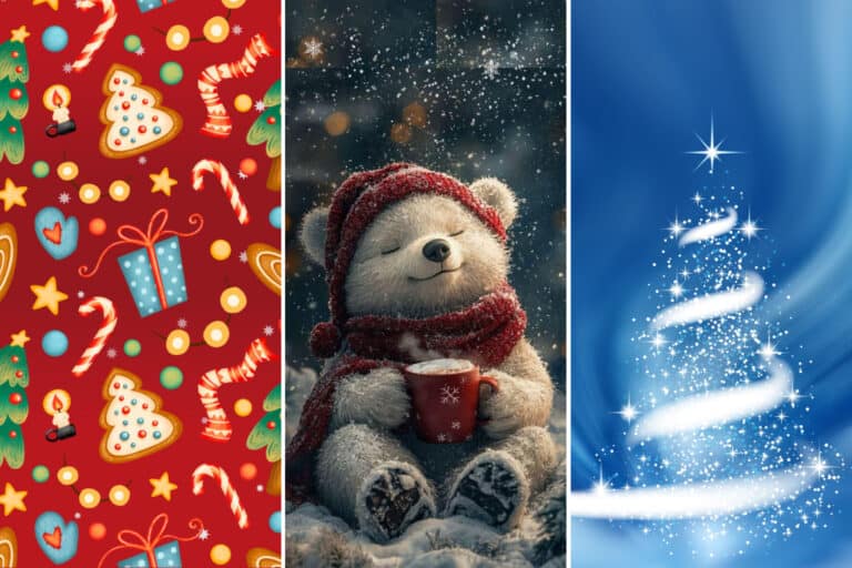 Christmas iPhone wallpapers featuring a festive red holiday pattern, a cute winter bear holding a mug in the snow, and a blue sparkling Christmas tree design.