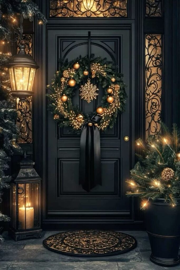 A moody and elegant front door decorated with a gold and black Christmas wreath featuring gold ornaments, warm white lights, a large black satin bow, and a central gold snowflake. The dark door is framed by warm lantern lighting, evergreen garland, and twinkling lights, creating a rich, luxurious holiday entrance. This image captures the dramatic charm of the Moody Christmas Decor trend for 2025.