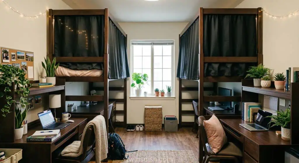 College dorm room with two lofted beds on opposite walls, blackout curtains around the beds, desks underneath, and a central walkway with natural light from a window.