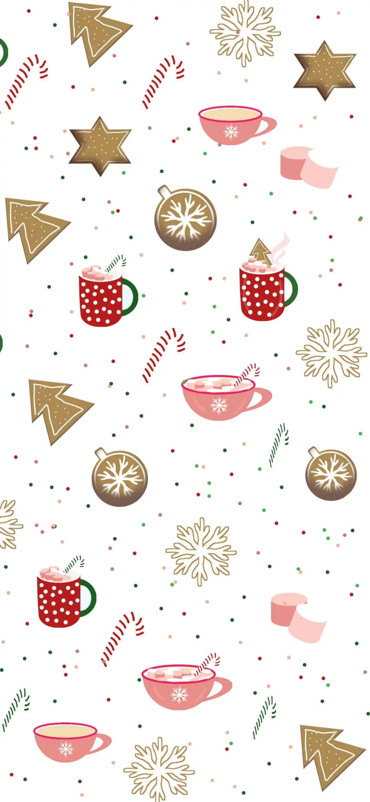 Cute candy cane and hot chocolate Christmas wallpaper with gingerbread cookies and festive snowflakes pattern