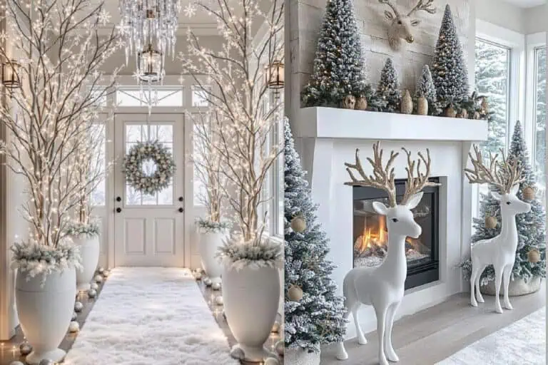 Elegant Christmas home decor featuring a bright entryway with frosted potted trees, twinkle lights, and a white wreath, alongside a cozy fireplace decorated with snowy mini trees, gold accents, and white reindeer figures with glittering antlers.