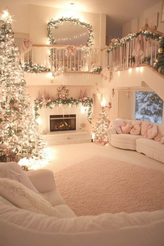 Pink Christmas living room decorated with pastel garlands, blush Christmas trees, warm white lights, and cozy feminine holiday decor.