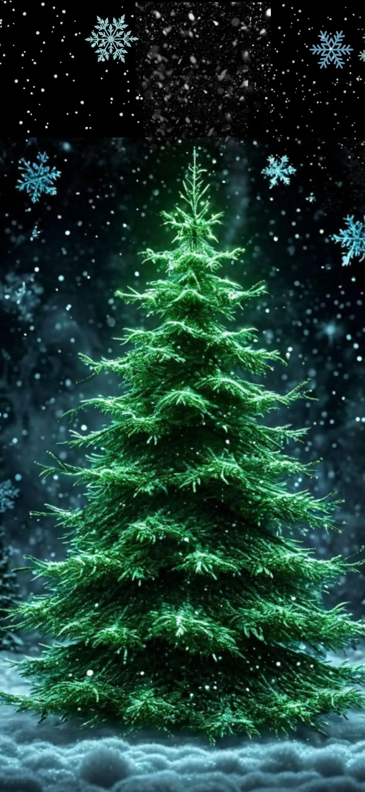 Snowy Christmas tree with glowing green branches, falling snow, and blue snowflakes on a dark winter background
