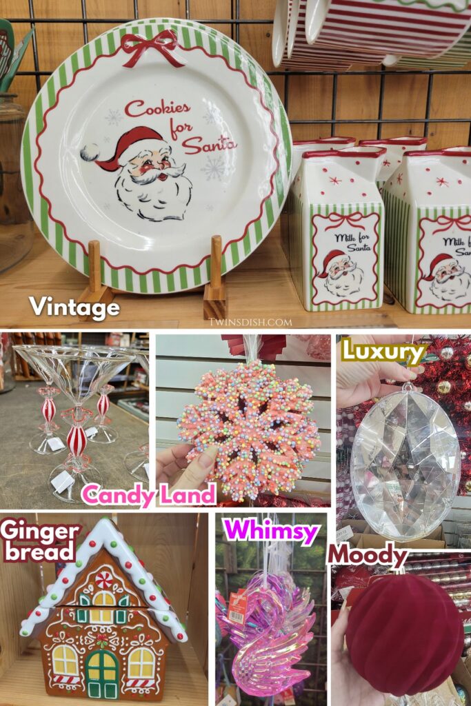Christmas decor trends 2026 collage featuring vintage Santa dishes, candy-inspired ornaments, gingerbread decor, iridescent whimsical ornaments, oversized crystal ornaments, and moody velvet Christmas decorations.