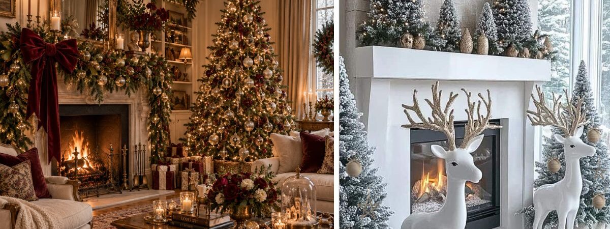 Christmas decor trends 2026 featuring an elegant burgundy and gold living room with a decorated tree and fireplace alongside a snowy white woodland Christmas scene with reindeer and flocked trees.