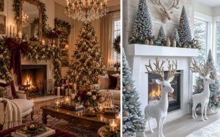Christmas decor trends 2026 featuring an elegant burgundy and gold living room with a decorated tree and fireplace alongside a snowy white woodland Christmas scene with reindeer and flocked trees.
