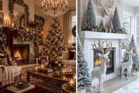 Christmas decor trends 2026 featuring an elegant burgundy and gold living room with a decorated tree and fireplace alongside a snowy white woodland Christmas scene with reindeer and flocked trees.