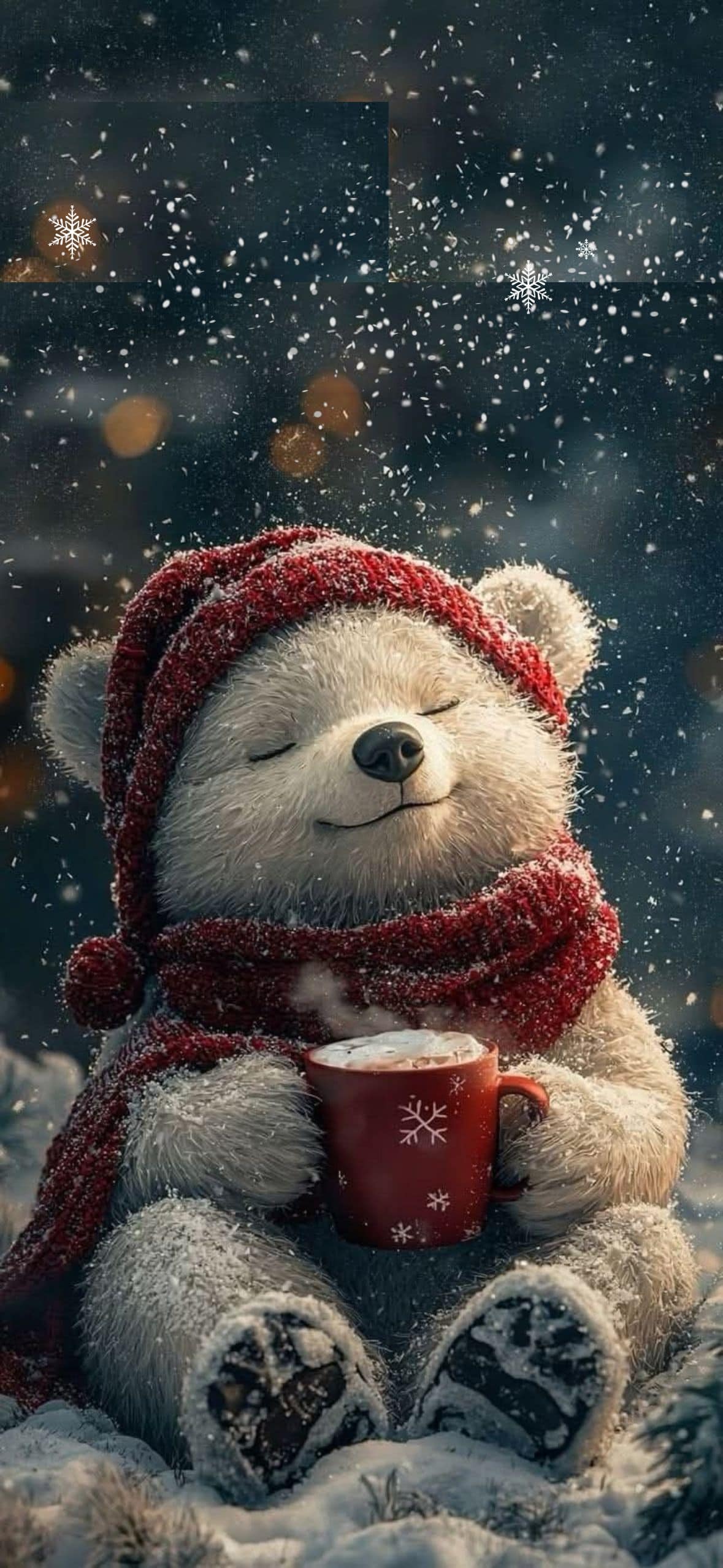 Cozy Christmas iPhone wallpaper of a cute white polar bear in a red knit hat and scarf holding a hot‑cocoa mug in white falling snow; aesthetic winter lock screen.