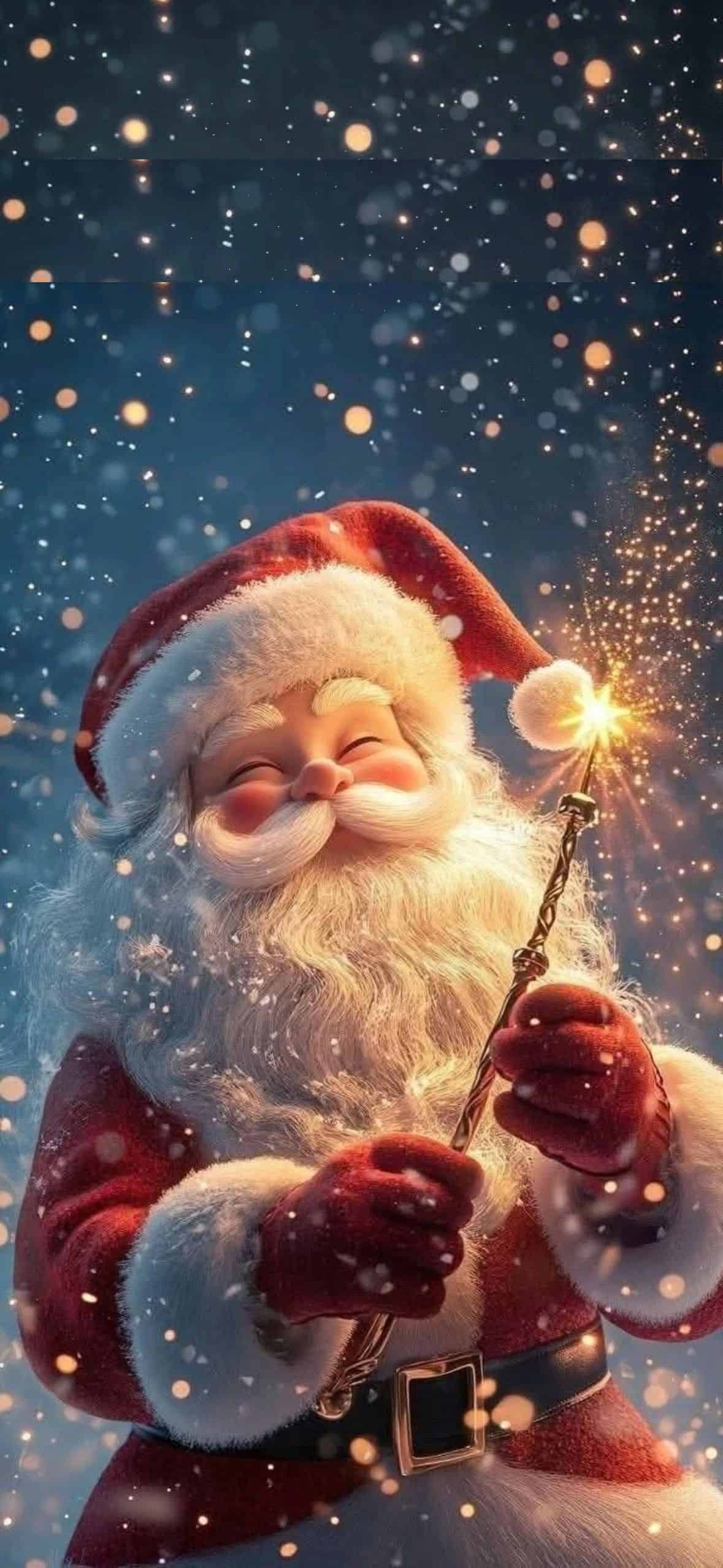 Cute cozy Santa Claus holding a glowing sparkler in falling snow, warm Christmas aesthetic winter wallpaper