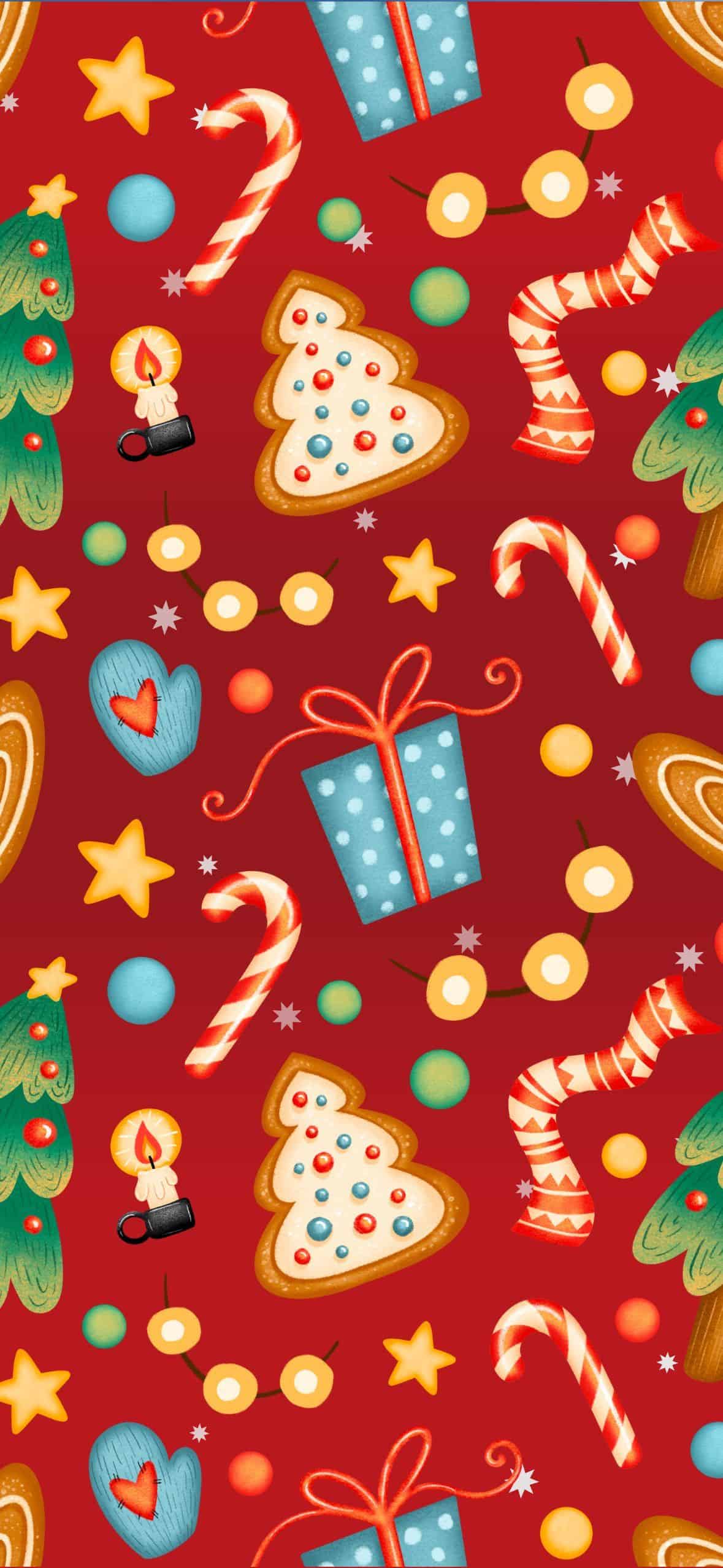 Cute red Christmas wallpaper featuring illustrated candy canes, gingerbread cookies, Christmas trees, stars, lights, and presents in a cozy holiday pattern. A festive and aesthetic iPhone background perfect for Christmas and winter.