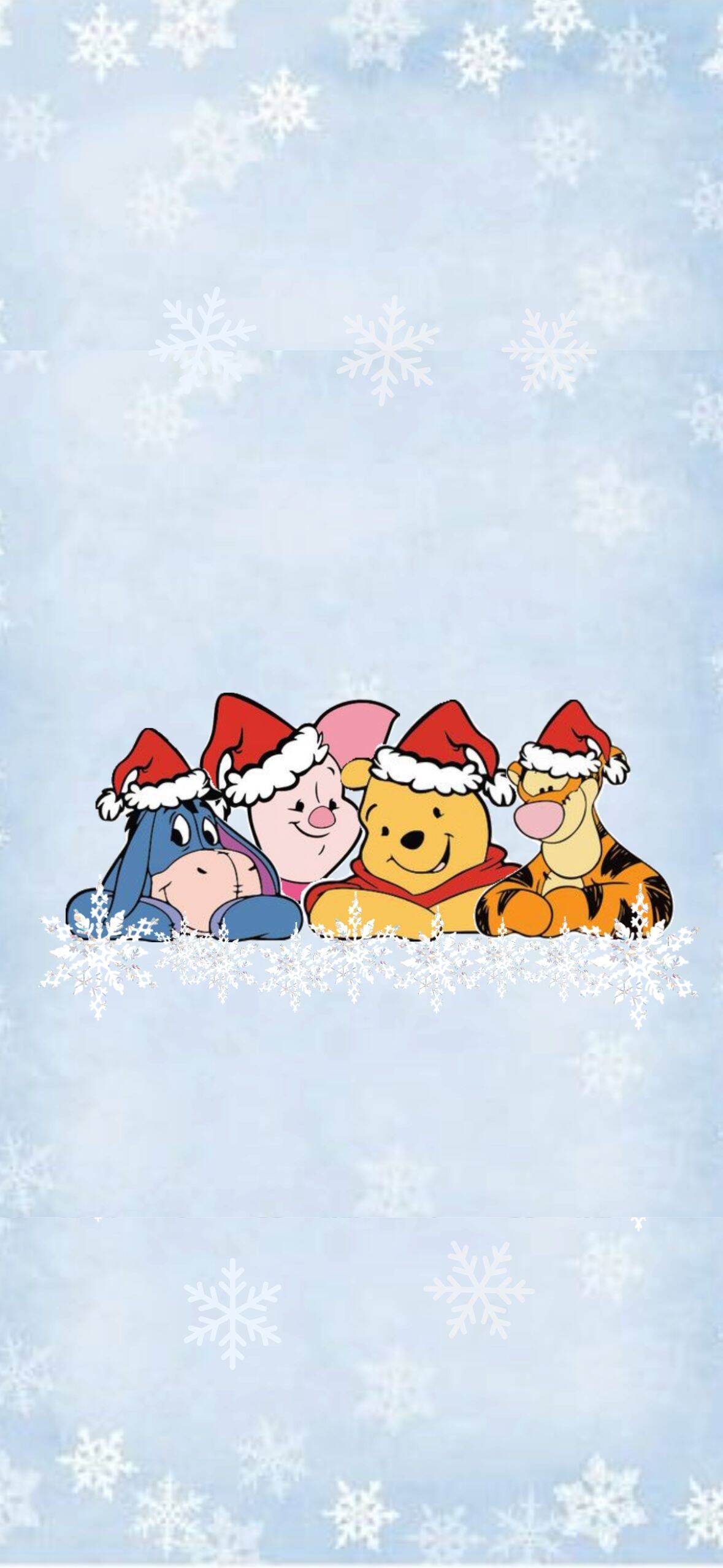 Winnie the Pooh, Piglet, Tigger, and Eeyore wearing Santa hats on a snowy blue background with white snowflakes, creating a festive Christmas wallpaper.