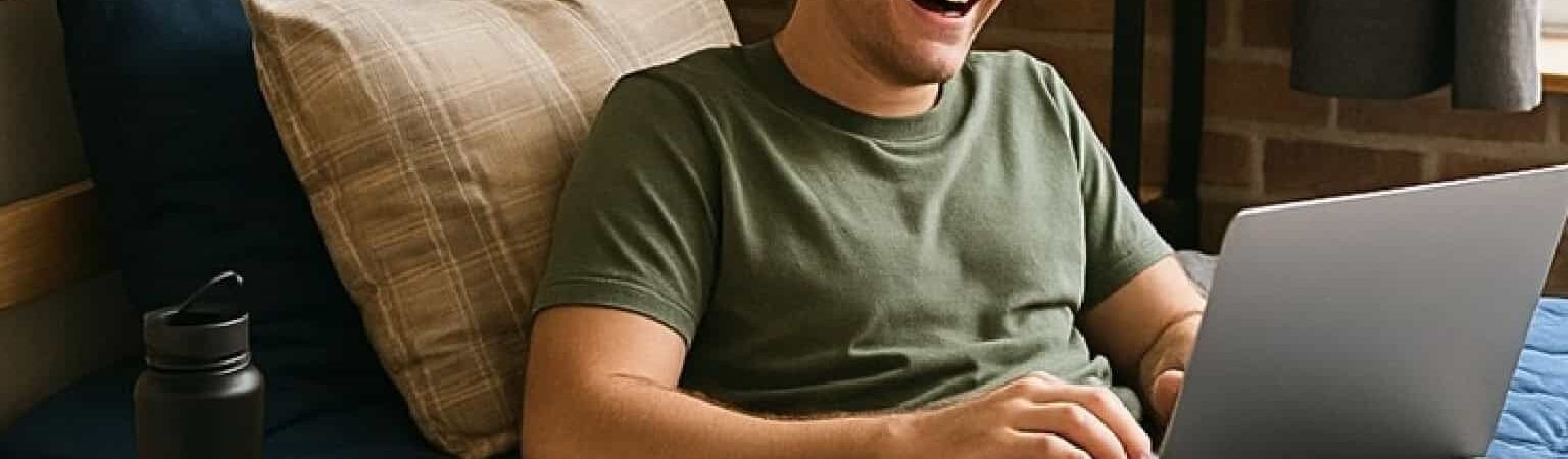 College guy relaxing in a dorm room, sitting on a bed with a laptop and earbuds, smiling while studying or streaming. A small tray beside the bed holds a water bottle and phone. Ask ChatGPT