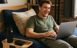College guy relaxing in a dorm room, sitting on a bed with a laptop and earbuds, smiling while studying or streaming. A small tray beside the bed holds a water bottle and phone. Ask ChatGPT