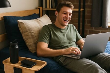 College guy relaxing in a dorm room, sitting on a bed with a laptop and earbuds, smiling while studying or streaming. A small tray beside the bed holds a water bottle and phone. Ask ChatGPT