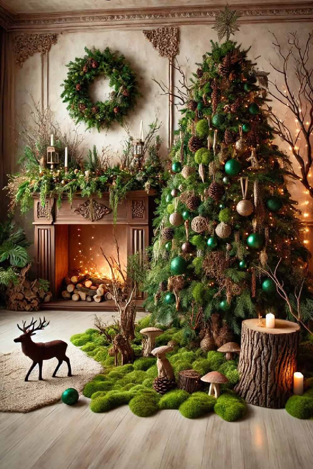 A forest-inspired Christmas tree decorated with pinecones, green and gold ornaments, mossy accents, and rustic natural elements. The tree stands beside a fireplace adorned with evergreen garland, logs, and soft candlelight. Faux moss and forest décor surround the base, including twigs, bark, and woodland animal figurines, creating an enchanted and cozy woodland holiday atmosphere.