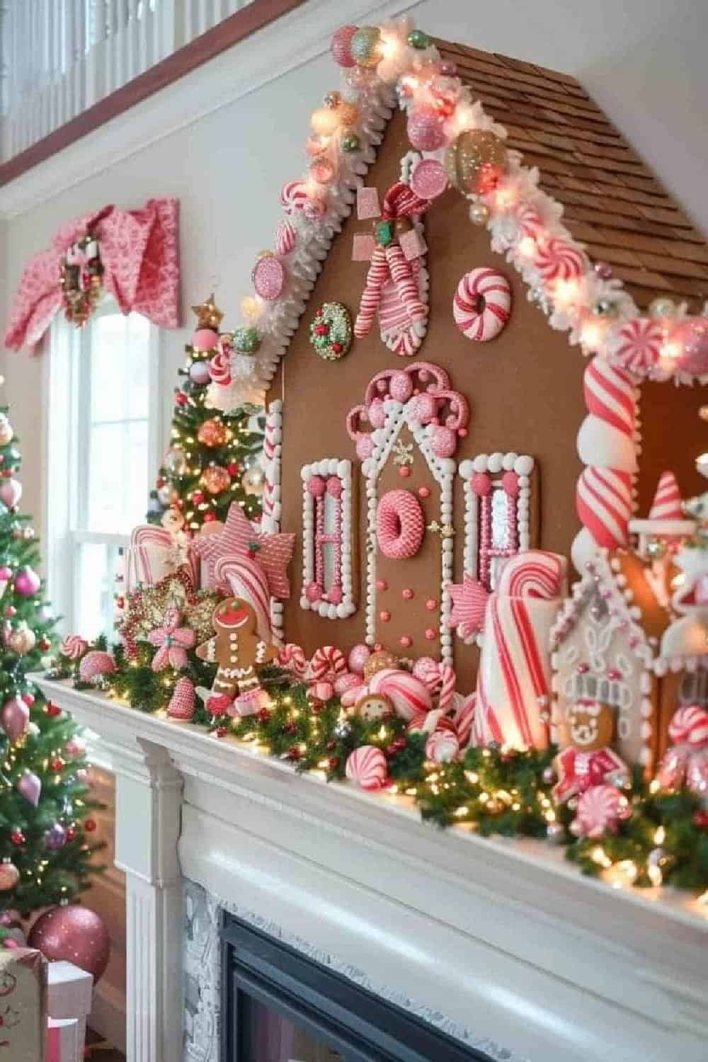 Christmas mantel decorated with a large gingerbread house display, candy canes, gumdrops, gingerbread cookies, garland, and twinkling holiday lights.