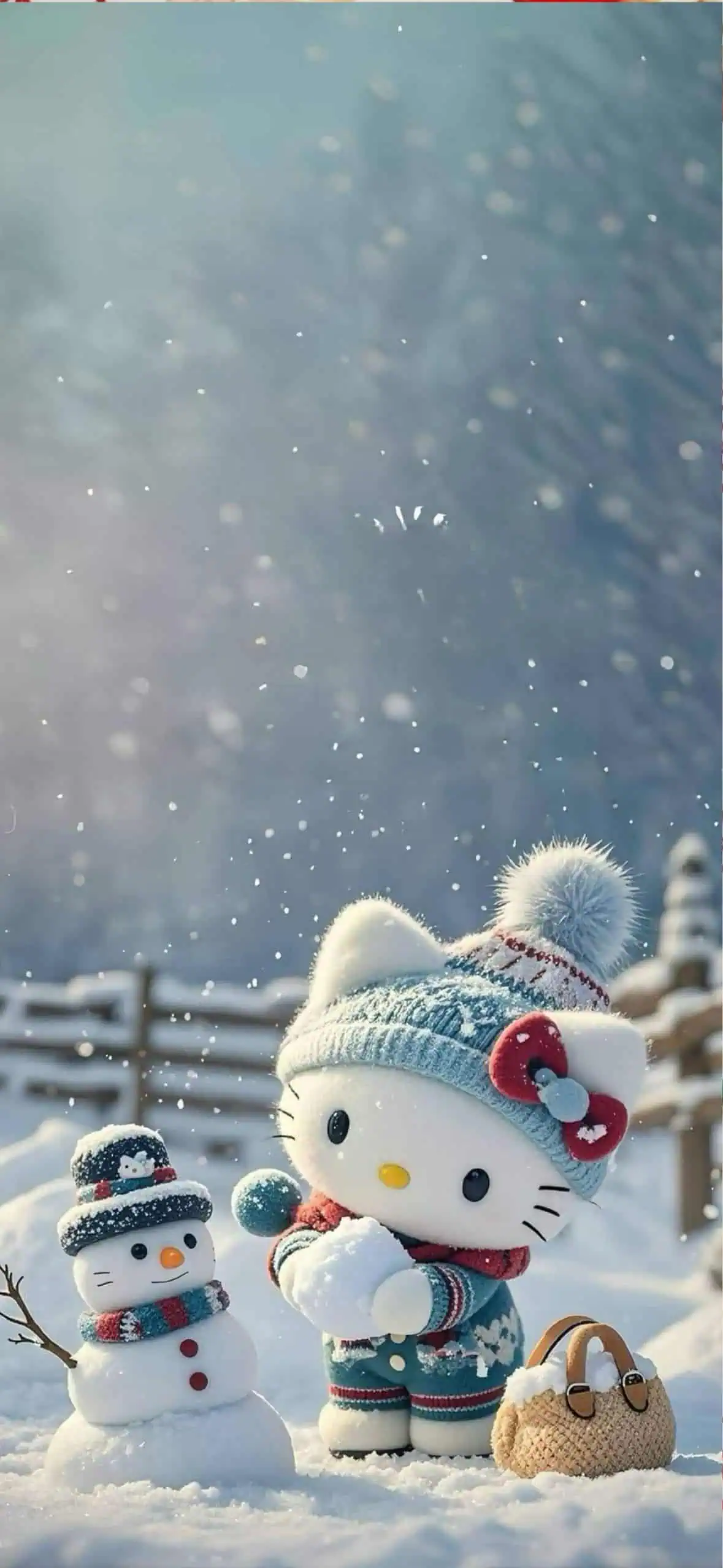 Hello Kitty building a snowman in a snowy winter scene, wearing a blue knit hat and scarf with falling snow and a cozy Christmas atmosphere.