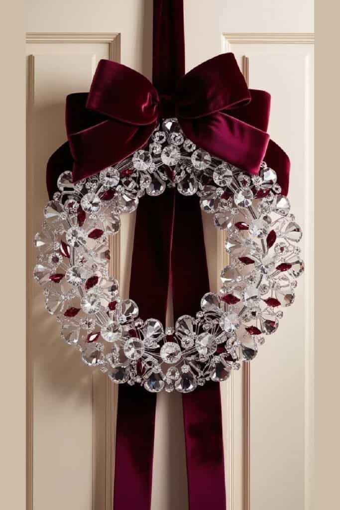 A luxurious crystal Christmas wreath adorned with large faceted clear and ruby-toned crystals, hung on a door with a wide, deep burgundy velvet ribbon and bow. This elegant holiday wreath captures the Maximalism and Luxury decor trend for Christmas 2025, showcasing rich textures, bold jewel tones, and sparkling statement details perfect for upscale holiday interiors.