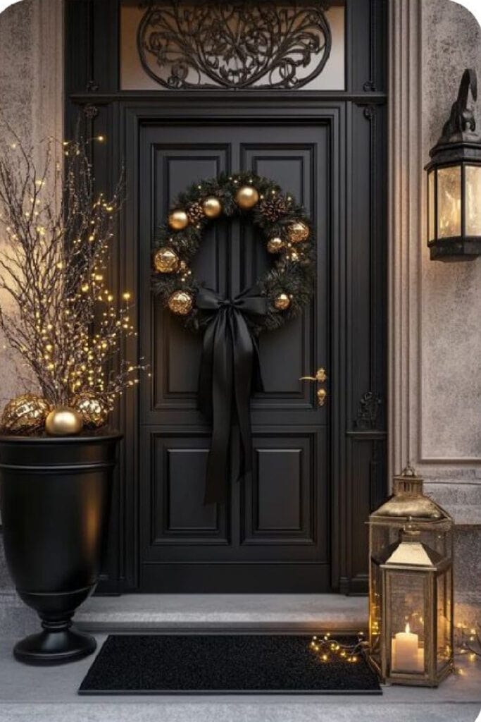 A matte black front door decorated with a moody Christmas wreath featuring gold ornaments, pinecones, and a dramatic black satin bow. The doorway is framed by a black urn filled with glowing branches and gold baubles, and a large gold lantern with a lit candle. This sophisticated outdoor display highlights the Moody Christmas Color trend for 2025 with rich tones, low lighting, and elegant contrast.