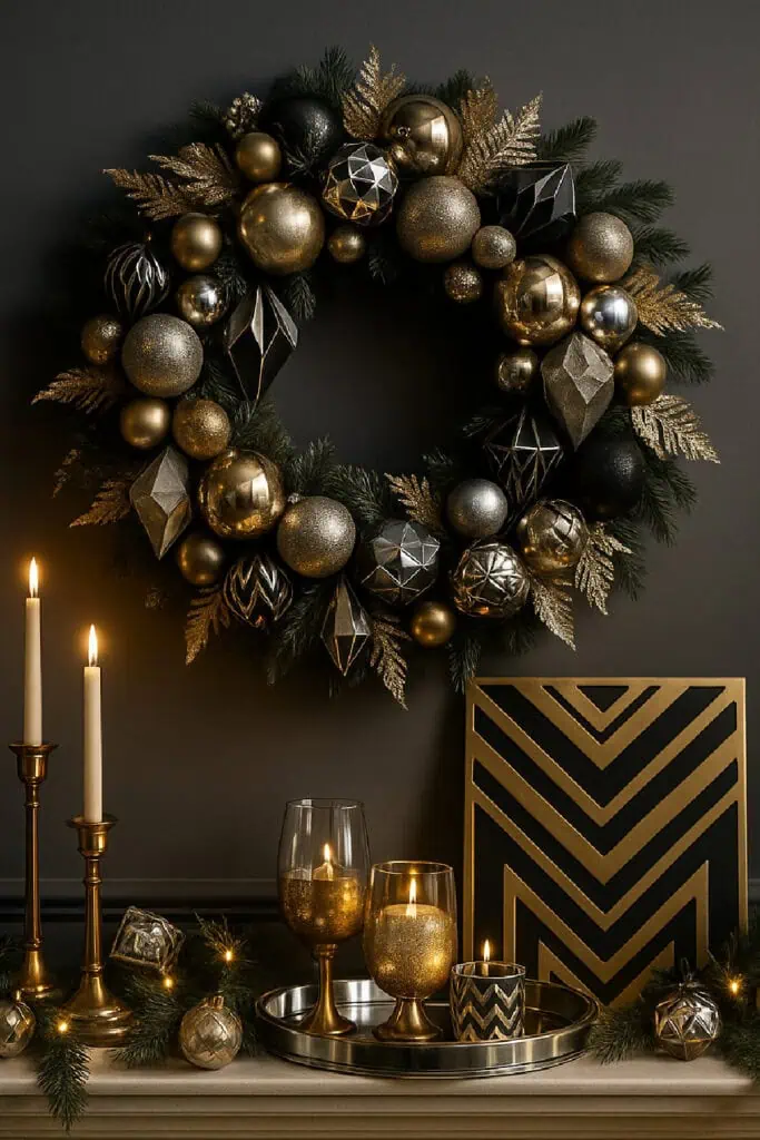 Modern Art Deco Christmas wreath in black, gold, and chrome with geometric ornaments, metallic baubles, and glittering gold leaves, styled above a mantel with brass candlesticks, gold-rimmed glasses, and a black-and-gold chevron art piece.