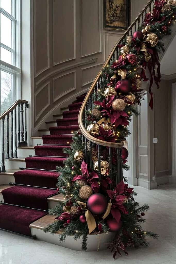 A grand staircase decorated with a moody Christmas garland in rich burgundy, matte black, gold, and deep green tones. The garland features velvet poinsettias, oversized ornaments, gold ribbon, and soft string lights for a dramatic and elegant holiday look. This image reflects the Moody Christmas Decor trend for 2025, combining luxury with dark, romantic holiday styling.