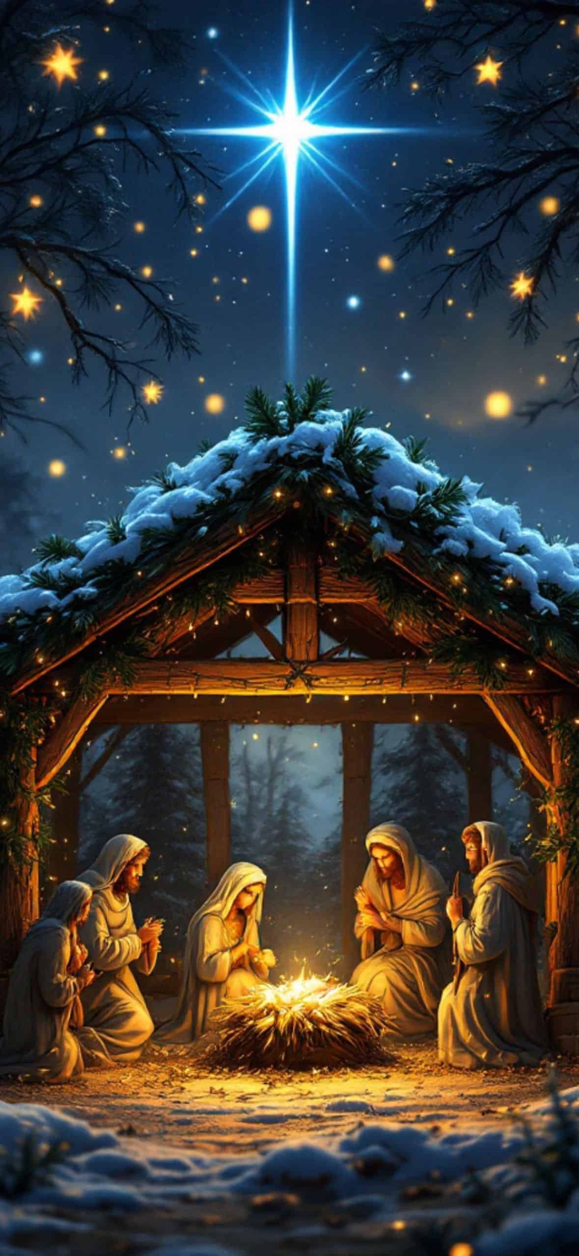 Peaceful nativity scene under a starry night sky featuring a glowing manger surrounded by figures in robes, illuminated by soft golden light and the bright Star of Bethlehem above. Snow-covered branches and gentle lights create a serene Christmas atmosphere.