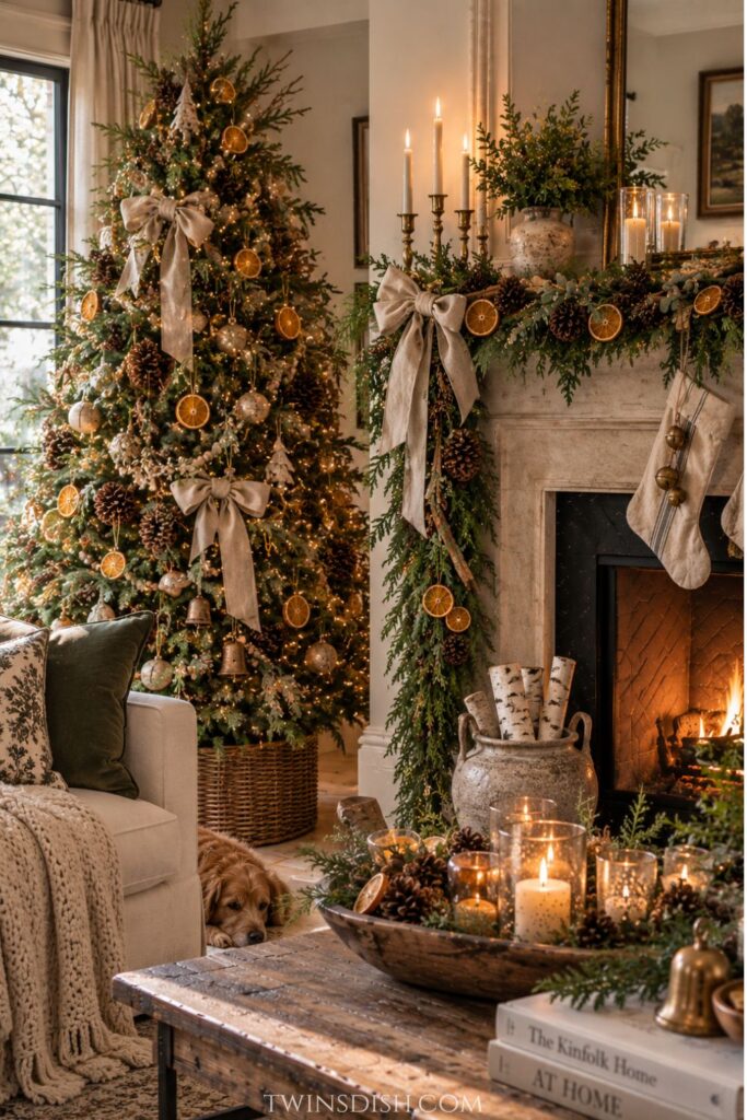 Sustainable Christmas decor living room with a natural Christmas tree, dried orange slices, pinecones, linen bows, evergreen garland, birch logs, and a cozy fireplace.