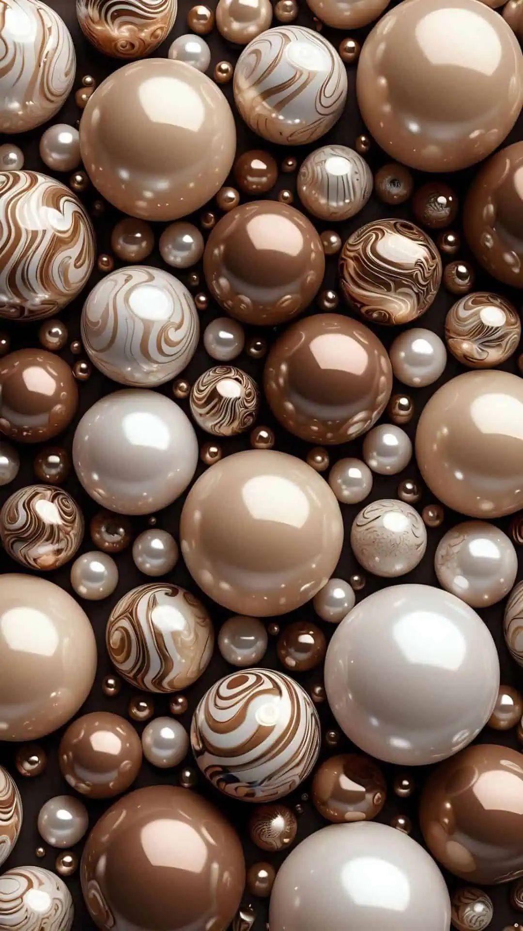 Neutral Christmas iPhone wallpaper featuring beige, cream, and brown holiday ornaments with a glossy modern finish. Minimalist festive background design for the holiday season.