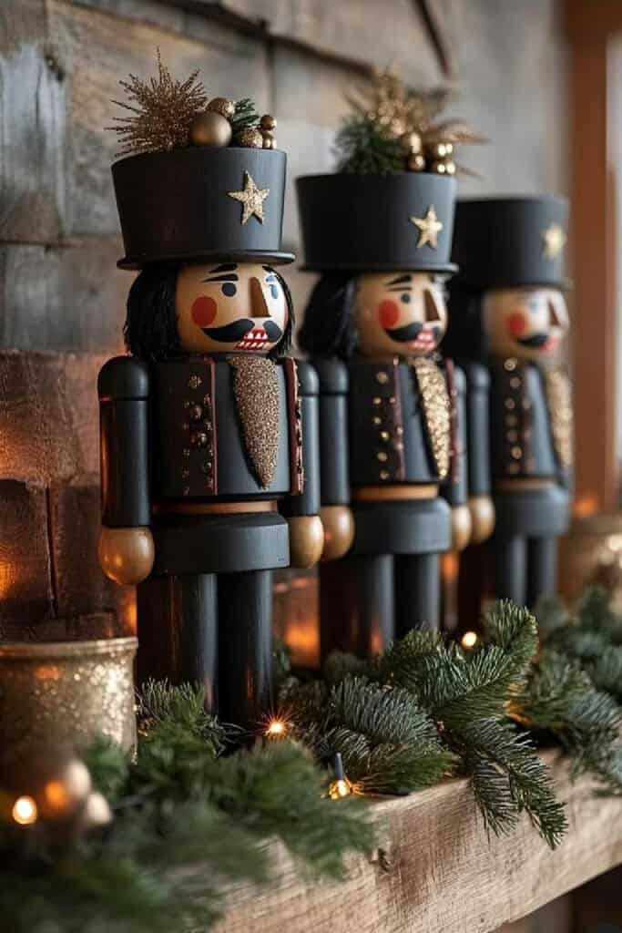Three matte black nutcrackers with gold embellishments and festive hats topped with glittered greenery and ornaments are displayed on a rustic wood mantel. Surrounded by glowing string lights, evergreen garland, and warm candlelight, this moody holiday decor scene captures the dark, elegant, and sophisticated Christmas trend for 2025.