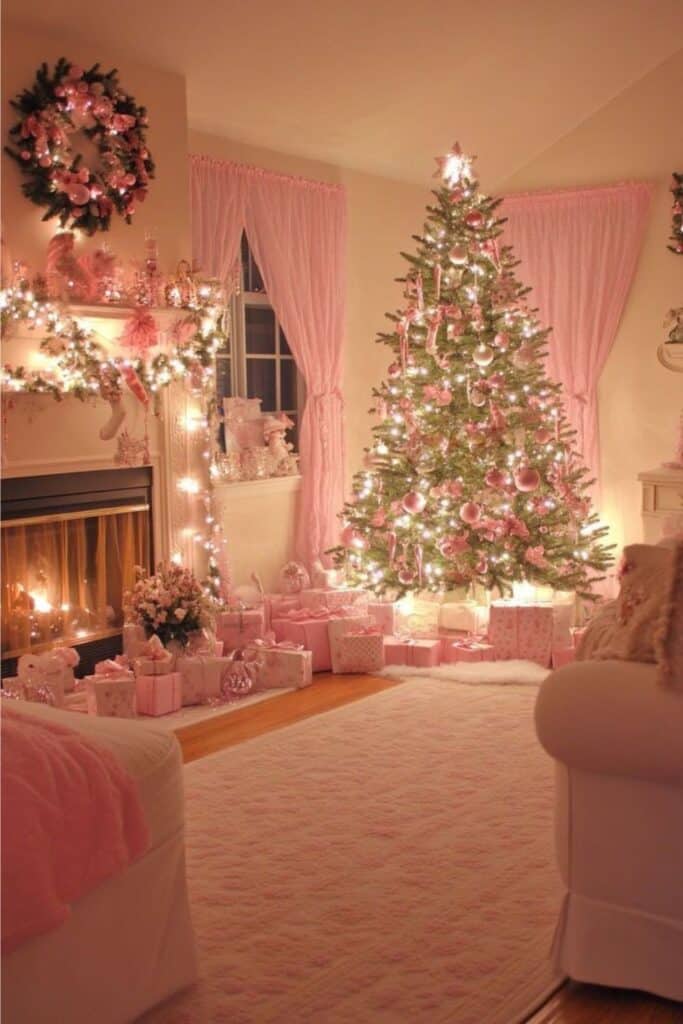 Pastel pink Christmas living room with a blush Christmas tree, pink garlands, wrapped pink gifts, and soft feminine holiday decor.