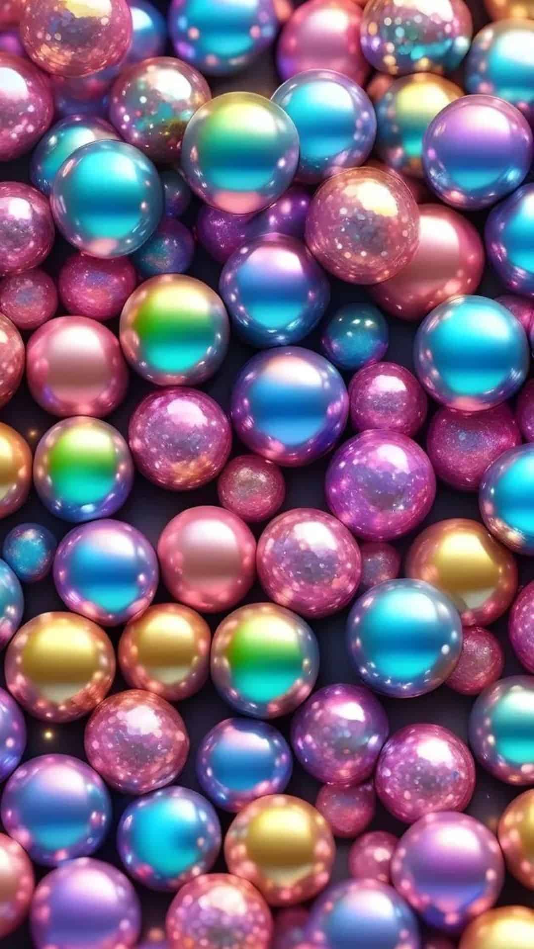 Aesthetic pink Christmas iPhone wallpaper with shiny metallic ornaments in pink, purple, gold, and teal tones. Festive glossy baubles create a dreamy holiday background.