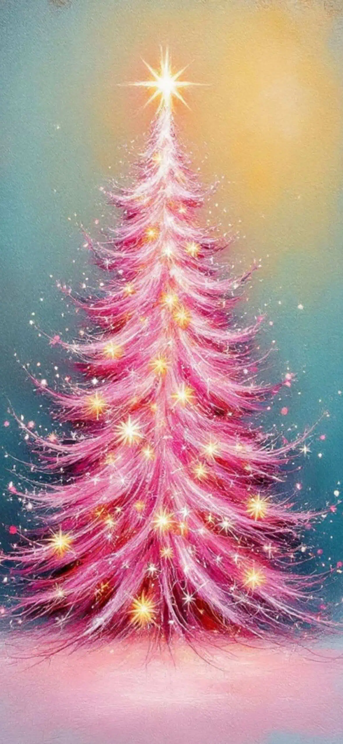 A glowing pink Christmas tree adorned with sparkling golden lights and a radiant star on top, set against a soft pastel background. The image creates a dreamy, girly, and festive holiday aesthetic, perfect as a Christmas wallpaper for iPhone or digital holiday decor inspiration.