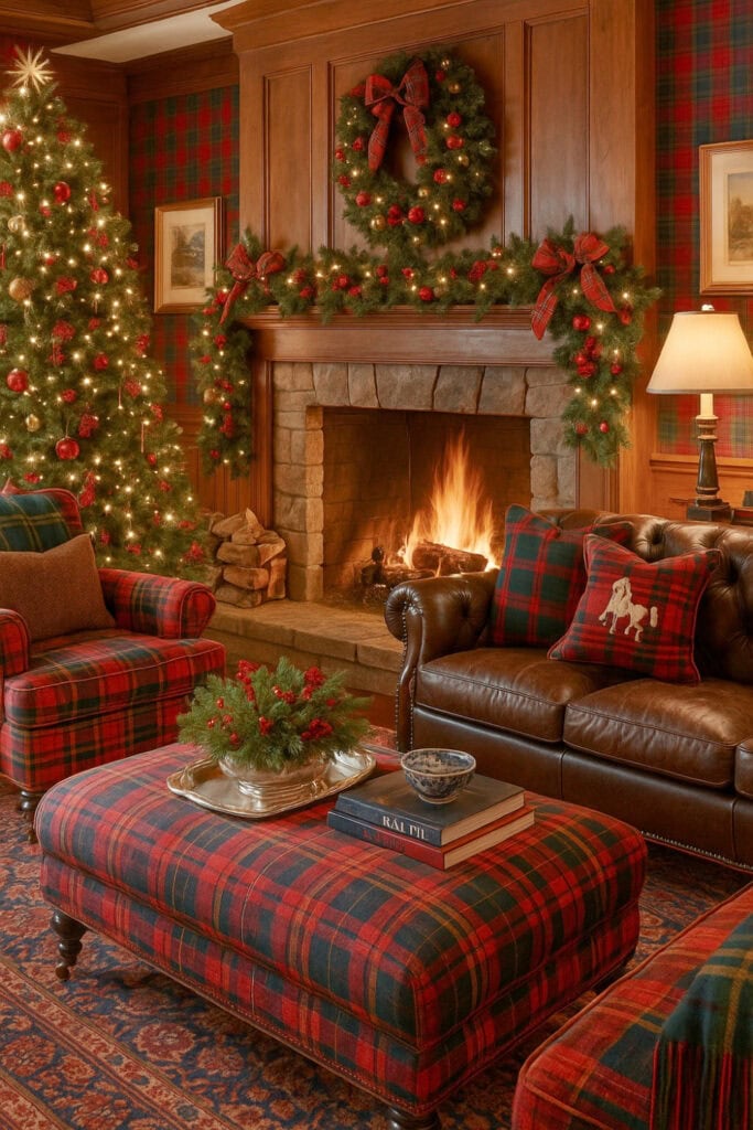 Ralph Lauren–inspired Christmas living room with a glowing Christmas tree decorated in red and gold, a stone fireplace adorned with garland and a wreath, and cozy plaid furniture. Leather sofa and tartan armchairs with festive holiday pillows create a warm, classic Christmas atmosphere.