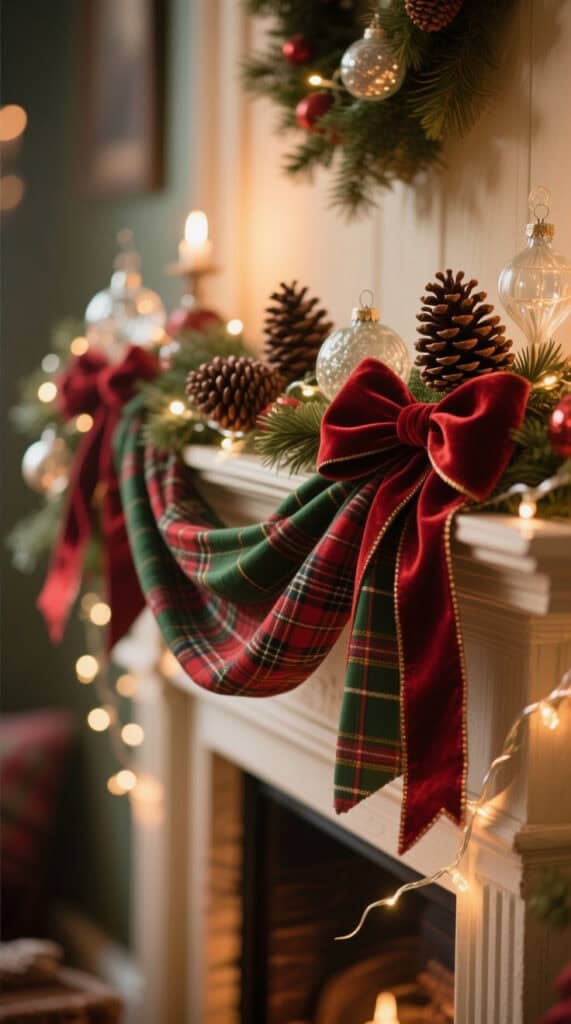 Elegant Christmas mantel decorated with a red velvet bow, plaid fabric garland, pinecones, greenery, and twinkling lights. The soft glow of candles and ornaments creates a cozy, timeless holiday atmosphere inspired by classic Ralph Lauren Christmas decor.