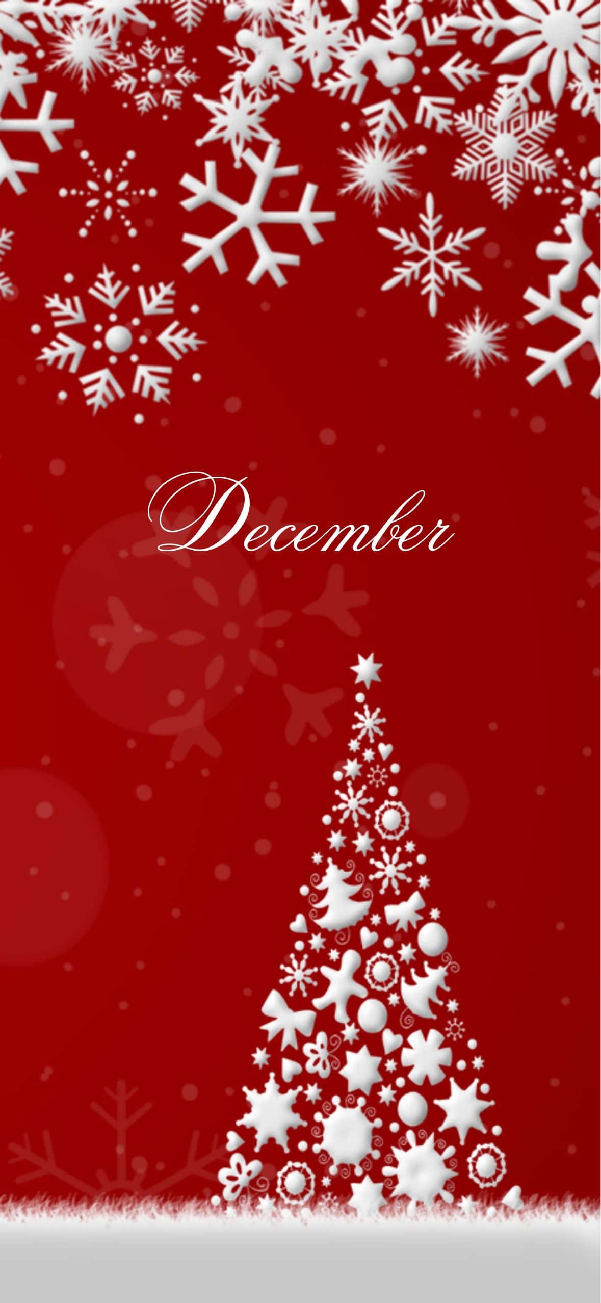 Red Christmas wallpaper featuring white snowflakes and a decorative white Christmas tree on a red background with the word December in elegant script.