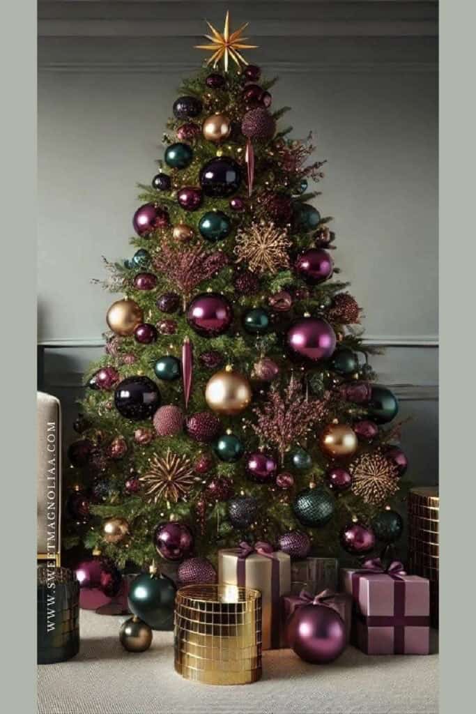 Retro glam Christmas tree decorated with jewel-tone ornaments in emerald, plum, and gold, metallic starburst topper, and coordinating gift boxes—luxury mid-century–inspired holiday decor.