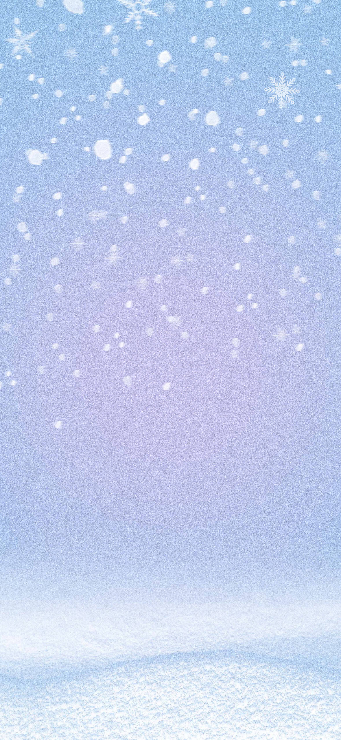 Soft pastel Christmas snow background with white snowflakes falling over a blue and purple winter landscape.
