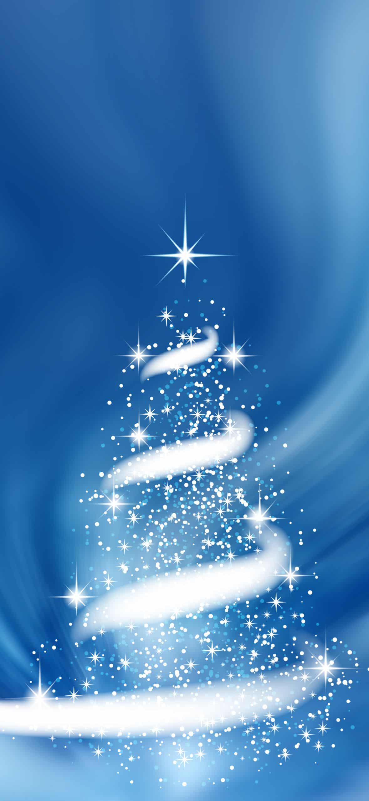 Blue Christmas iPhone wallpaper featuring a glowing white Christmas tree made of sparkling lights and stars on a soft blue winter background. Festive holiday wallpaper for iPhone.