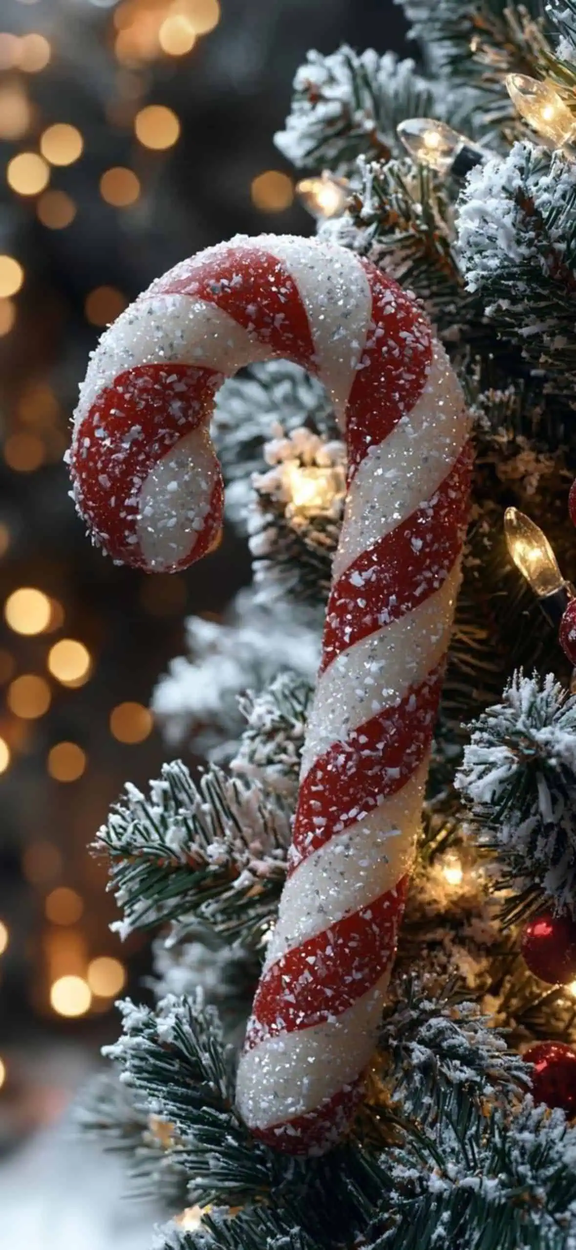 Classic Christmas iPhone wallpaper featuring a close-up of a red and white candy cane on a snow-covered Christmas tree with warm glowing lights and ornaments.