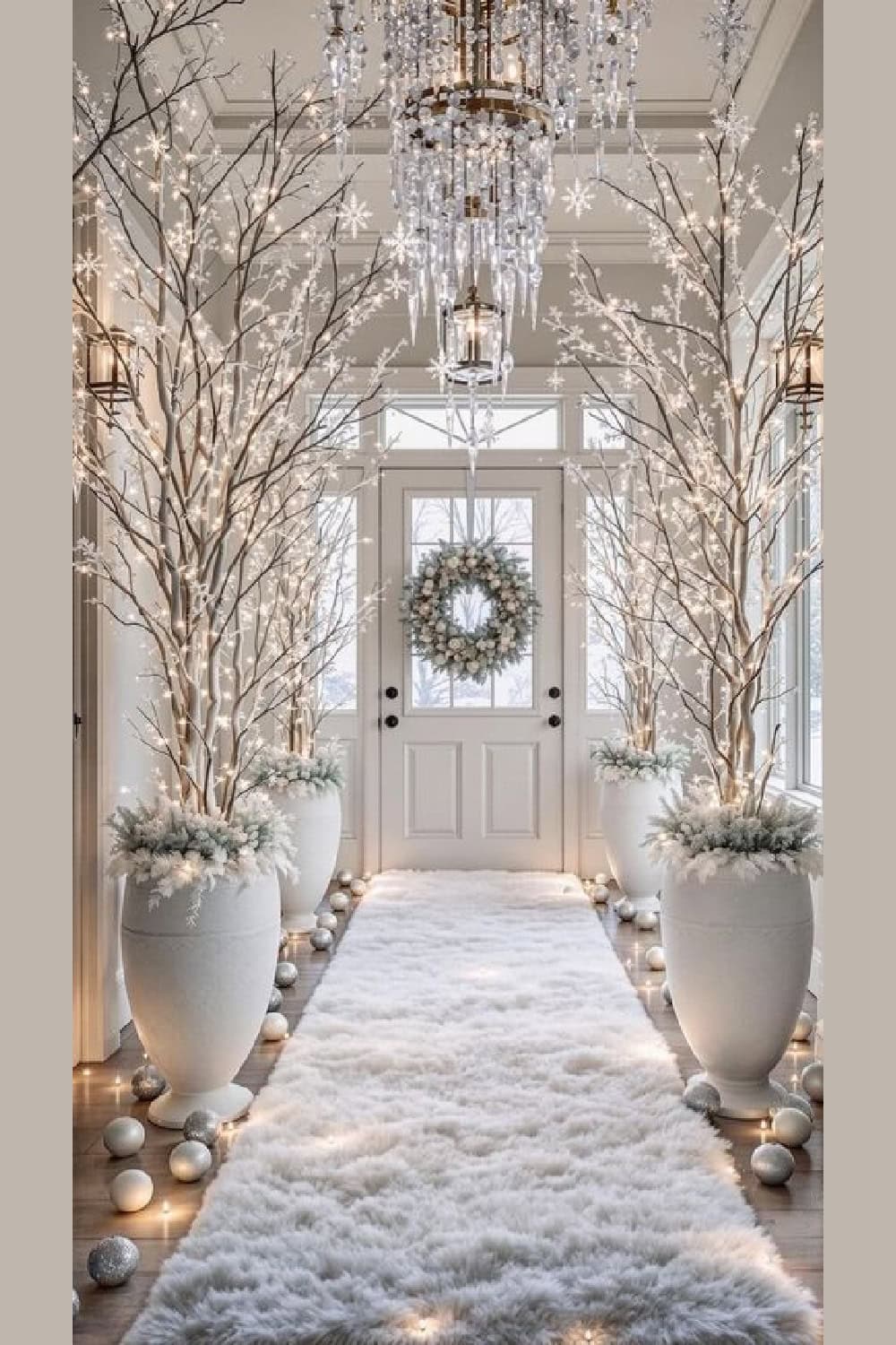 A luxurious Christmas hallway decorated in a snowy Winter Wonderland theme with tall white vases holding lighted branches, a white fur runner, silver ornaments, and a crystal chandelier. A frosted wreath hangs on the front door for a forest-inspired holiday look.
