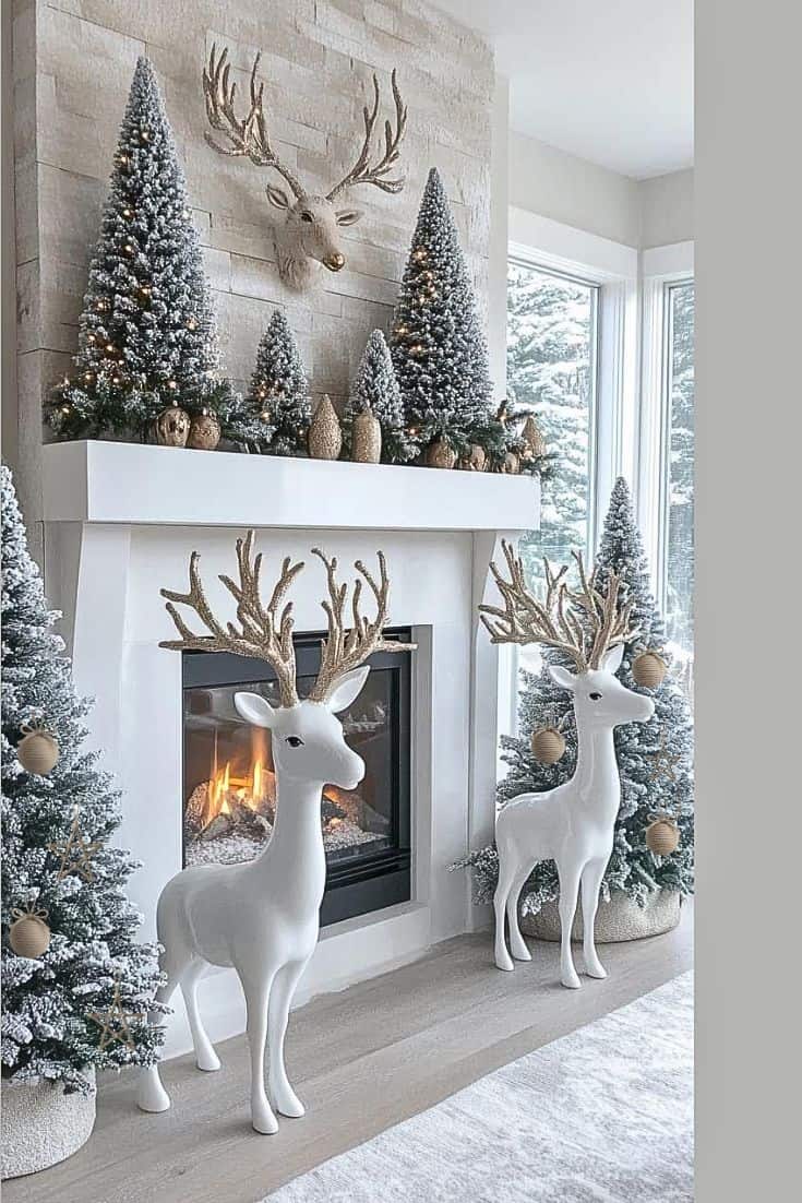 White deer Christmas fireplace decor with flocked mini trees, neutral accents, and an enchanted forest winter woodland theme – trending holiday style for 2025.