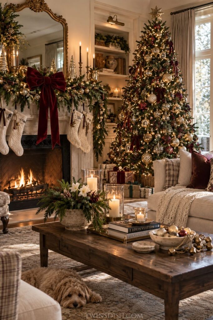 Elegant old money Christmas living room with a burgundy and gold Christmas tree, velvet bow, layered greenery, fireplace, candles, antique-style ornaments, and cozy neutral furniture.