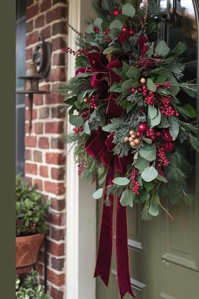 Classic traditional luxury Christmas wreath with burgundy velvet ribbon, evergreens, eucalyptus, and berries, styled in a Ralph Lauren–inspired holiday design hanging on a front door.