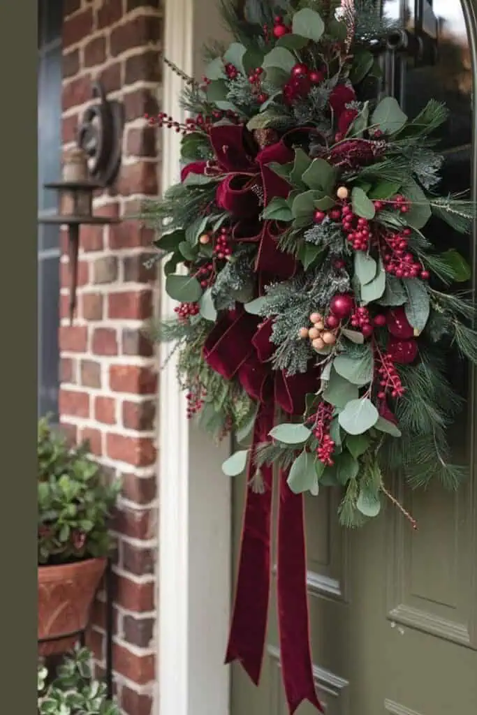 Classic traditional luxury Christmas wreath with burgundy velvet ribbon, evergreens, eucalyptus, and berries, styled in a Ralph Lauren–inspired holiday design hanging on a front door.